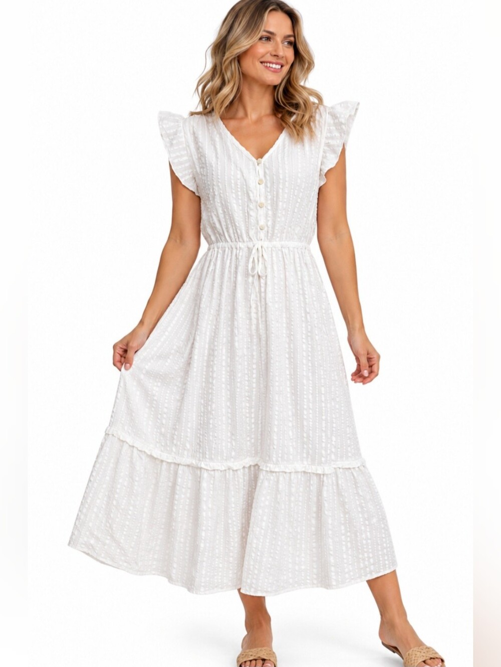 LOFT White 100% Cotton Tiered Midi Dress M Flutter Sleeve Lined Cottage Coastal
